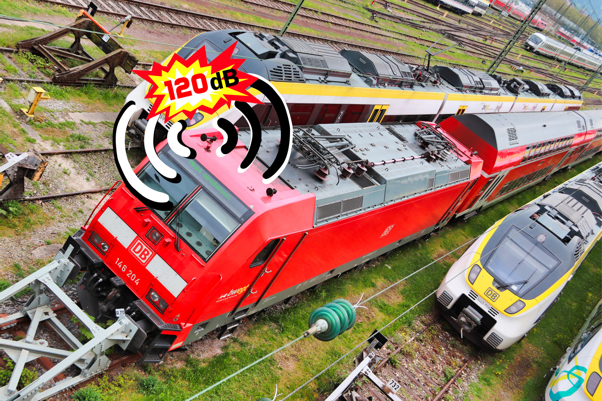 Abgestellte Züge mit symbolisierter 120 Dezibel Signalhornprobe. Hier am aktuellen Abstellbahnhof Rosenstein.